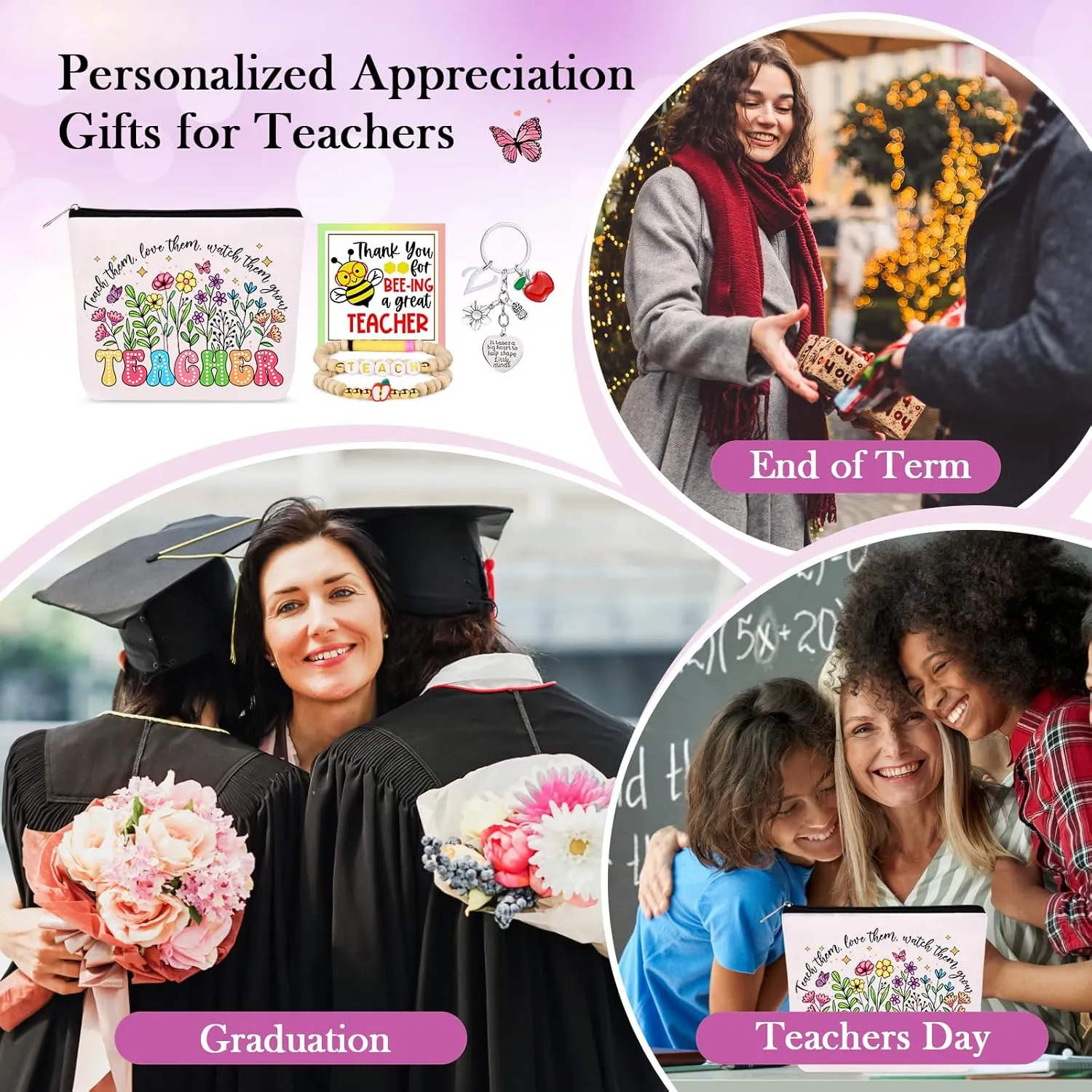 Personalized Teacher Appreciation Gifts for Women, Thank You Graduation Gifts with Teacher Makeup Bag, Initial Cute Keychain, Teach Bracelets and Thank You Card (G)