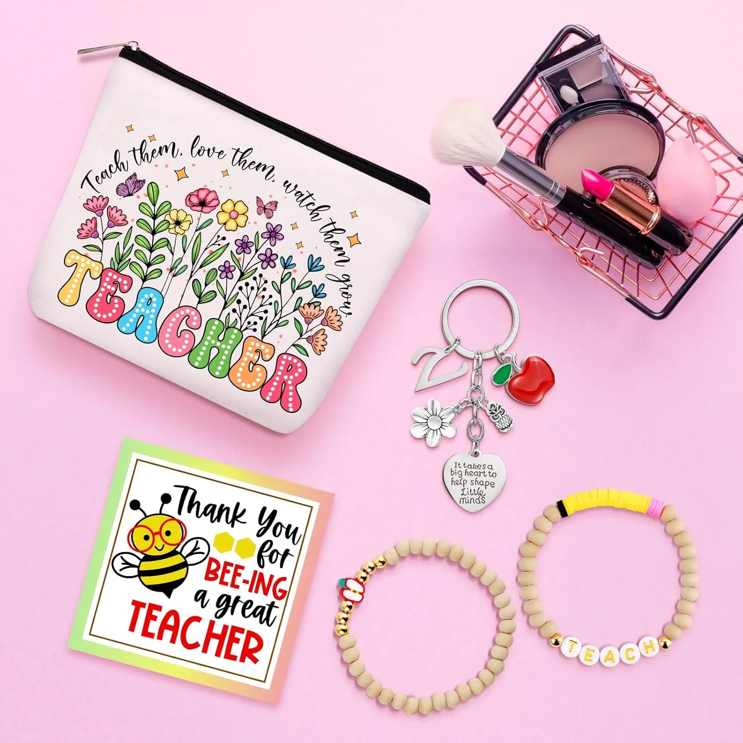 Personalized Teacher Appreciation Gifts for Women, Thank You Graduation Gifts with Teacher Makeup Bag, Initial Cute Keychain, Teach Bracelets and Thank You Card (G)