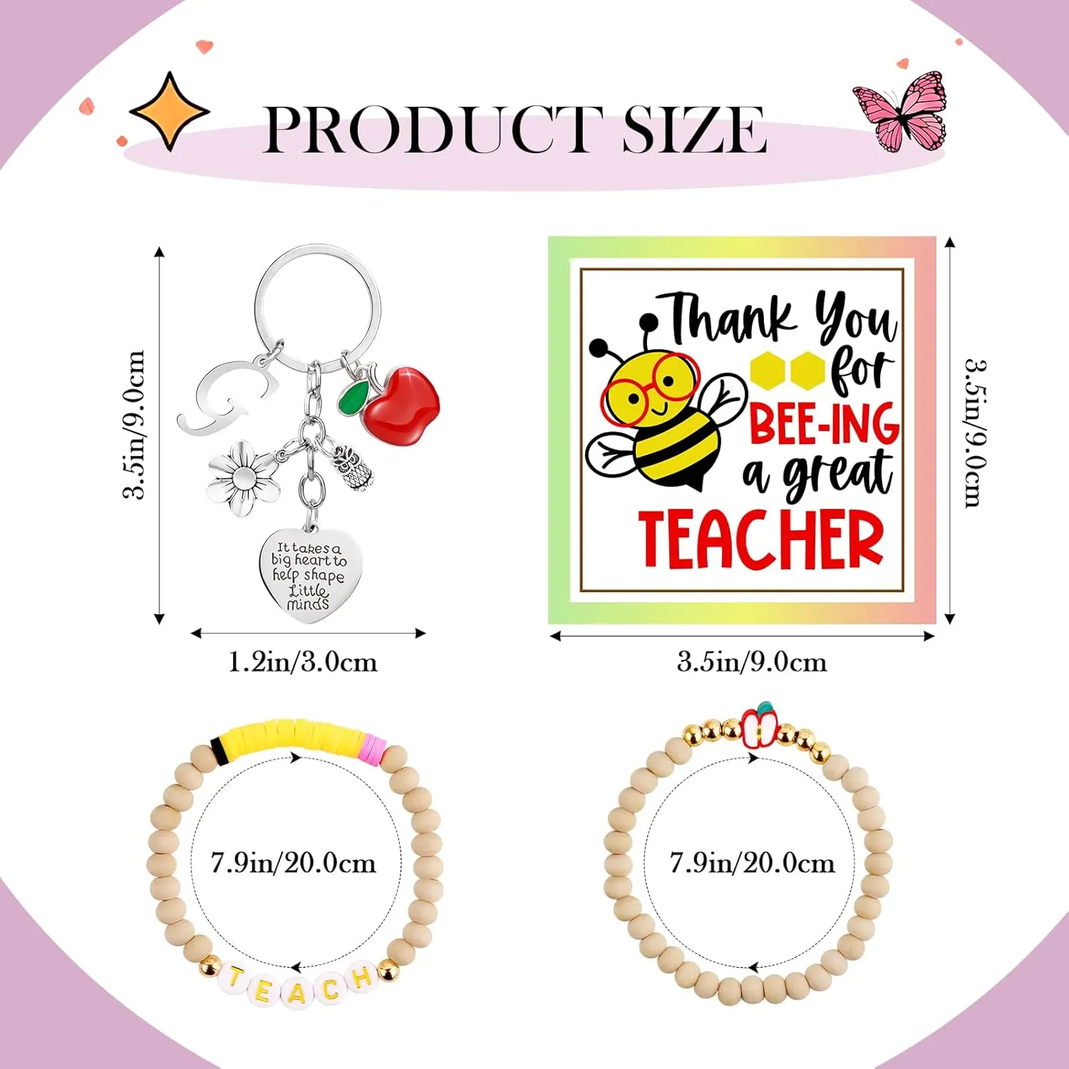 Personalized Teacher Appreciation Gifts for Women, Thank You Graduation Gifts with Teacher Makeup Bag, Initial Cute Keychain, Teach Bracelets and Thank You Card (G)