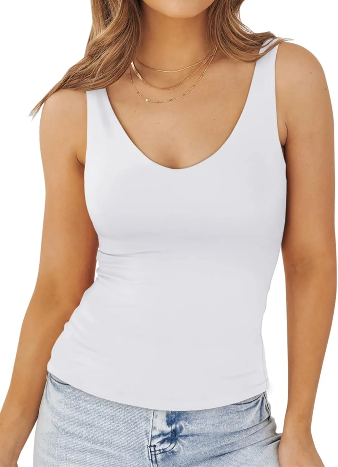 PINKMSTYLE Womens Basic Double Lined V Neck Tank Tops Slimming Workout Summer Tops Sleeveless Shirts