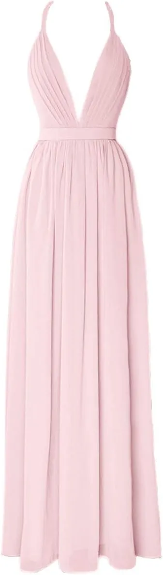 Plunging Neck Chiffon Pleated Bridesmaid Dress Long Open Back Prom Party Gowns for Women