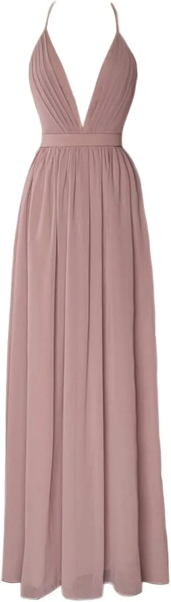Plunging Neck Chiffon Pleated Bridesmaid Dress Long Open Back Prom Party Gowns for Women