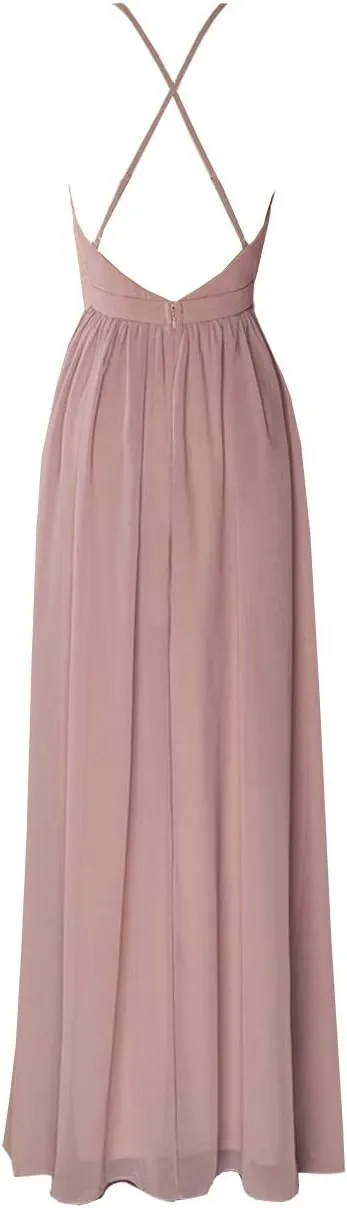 Plunging Neck Chiffon Pleated Bridesmaid Dress Long Open Back Prom Party Gowns for Women