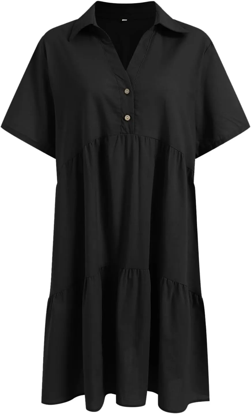 Plus Size Summer Dress - Casual Sundress Beach Short Sleeve V Neck Tiered Button Up Boho Midi Flowy Sun Dresses Women