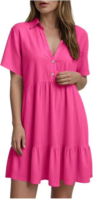 Plus Size Summer Dress - Casual Sundress Beach Short Sleeve V Neck Tiered Button Up Boho Midi Flowy Sun Dresses Women