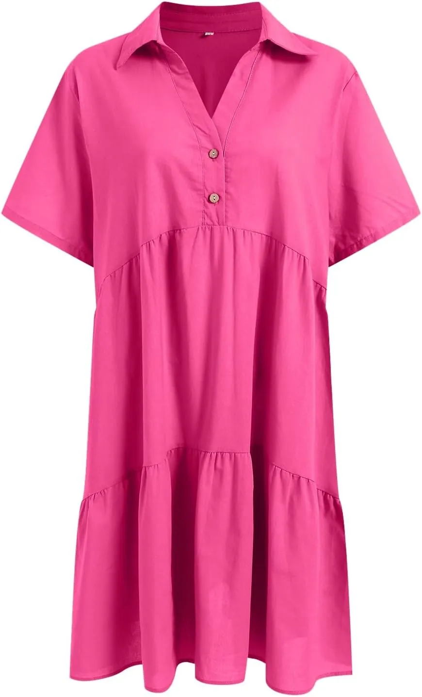 Plus Size Summer Dress - Casual Sundress Beach Short Sleeve V Neck Tiered Button Up Boho Midi Flowy Sun Dresses Women