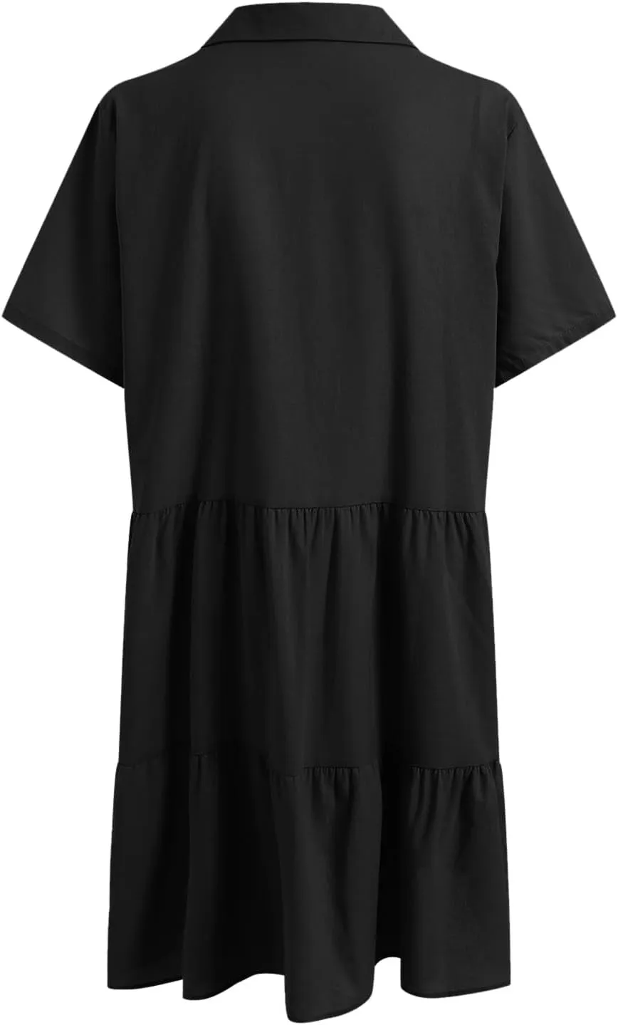 Plus Size Summer Dress - Casual Sundress Beach Short Sleeve V Neck Tiered Button Up Boho Midi Flowy Sun Dresses Women