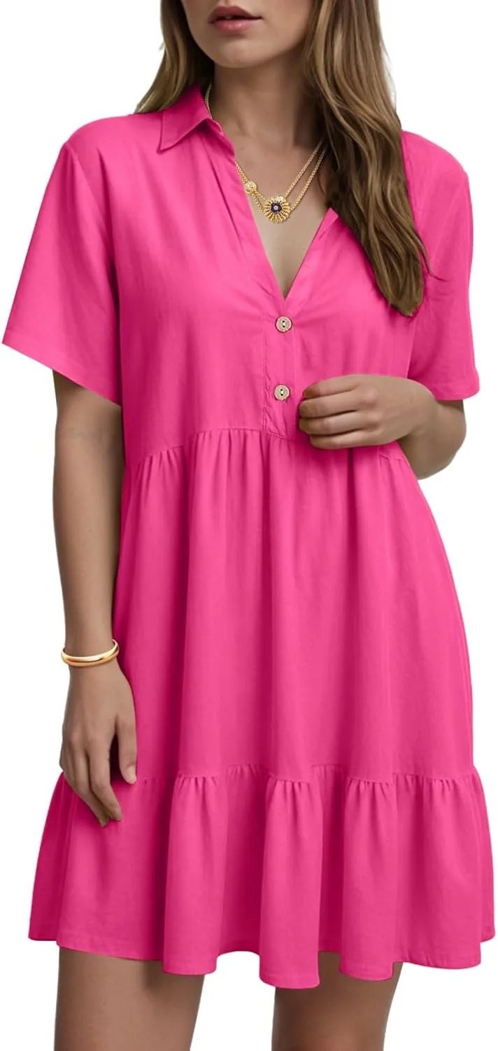 Plus Size Summer Dress - Casual Sundress Beach Short Sleeve V Neck Tiered Button Up Boho Midi Flowy Sun Dresses Women