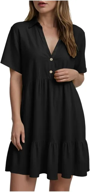 Plus Size Summer Dress - Casual Sundress Beach Short Sleeve V Neck Tiered Button Up Boho Midi Flowy Sun Dresses Women