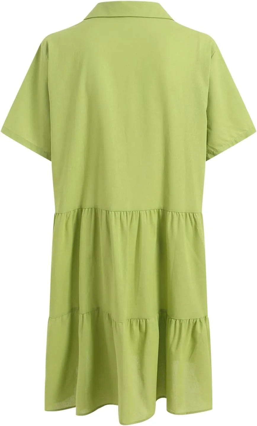 Plus Size Summer Dress - Casual Sundress Beach Short Sleeve V Neck Tiered Button Up Boho Midi Flowy Sun Dresses Women