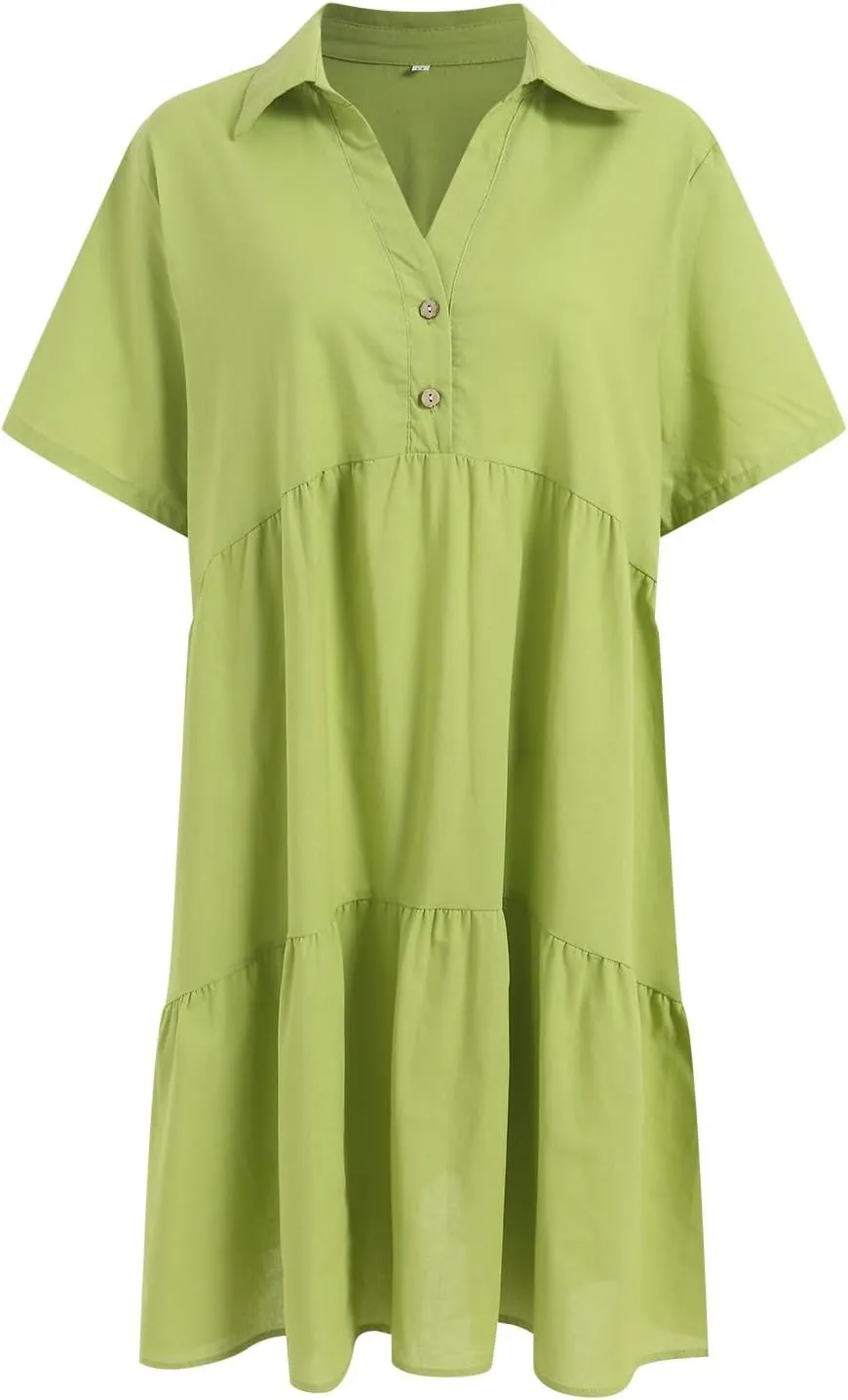 Plus Size Summer Dress - Casual Sundress Beach Short Sleeve V Neck Tiered Button Up Boho Midi Flowy Sun Dresses Women