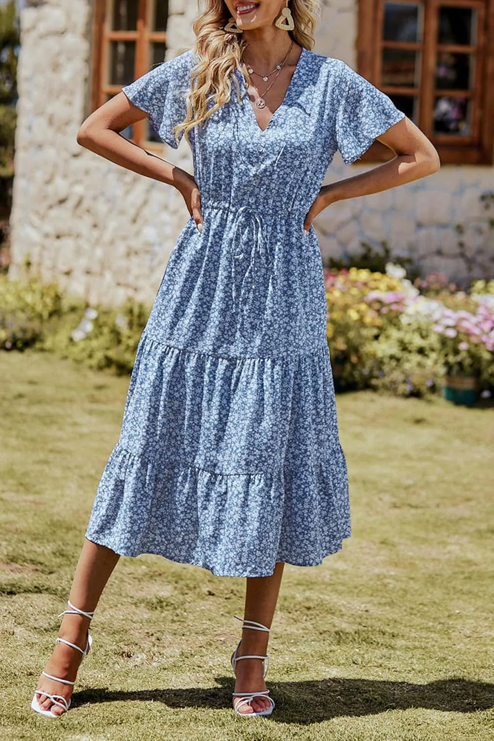 PRETTYGARDEN Summer Floral Dress for Women 2025 Casual Boho Short Sleeve Maxi Dresses V Neck Tiered Flowy Beach Sundress