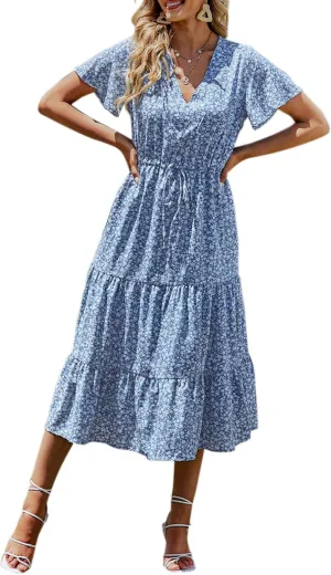 PRETTYGARDEN Summer Floral Dress for Women 2025 Casual Boho Short Sleeve Maxi Dresses V Neck Tiered Flowy Beach Sundress