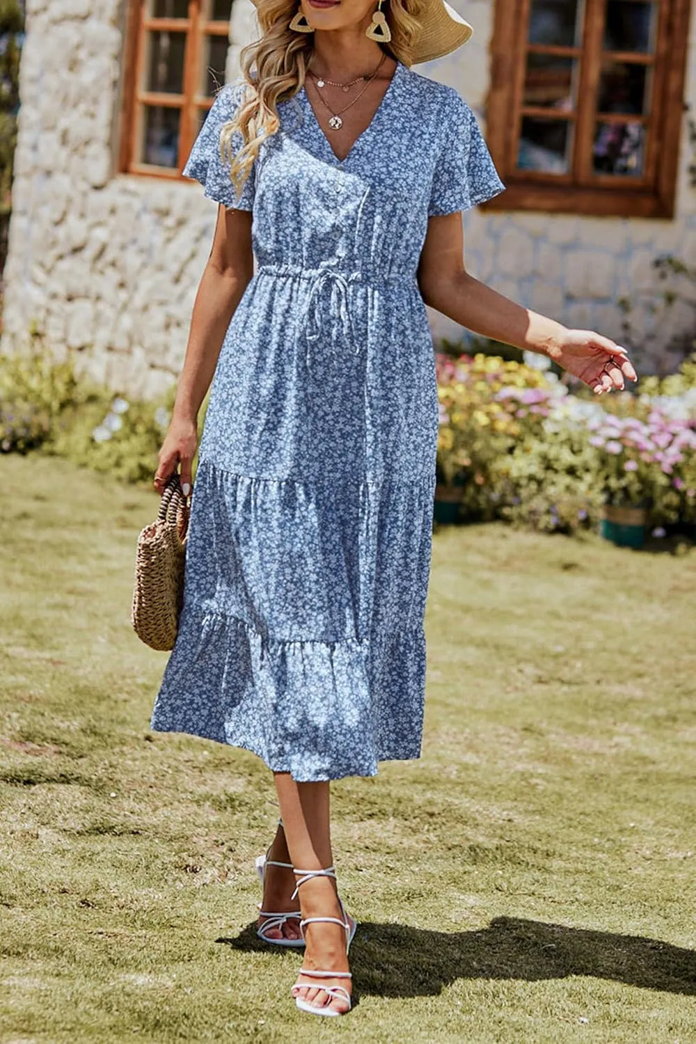 PRETTYGARDEN Summer Floral Dress for Women 2025 Casual Boho Short Sleeve Maxi Dresses V Neck Tiered Flowy Beach Sundress