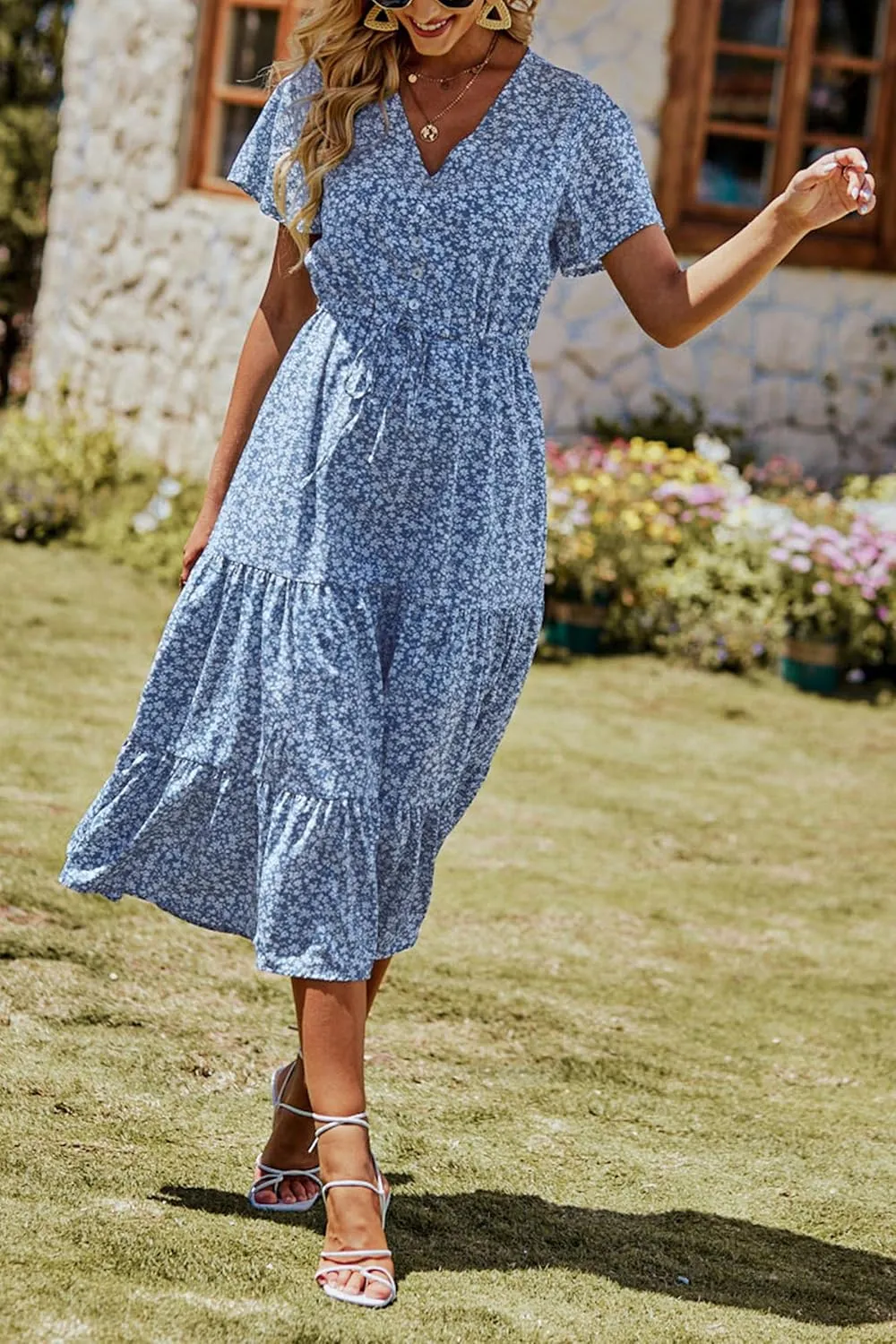 PRETTYGARDEN Summer Floral Dress for Women 2025 Casual Boho Short Sleeve Maxi Dresses V Neck Tiered Flowy Beach Sundress