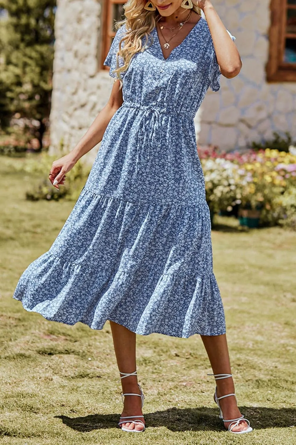 PRETTYGARDEN Summer Floral Dress for Women 2025 Casual Boho Short Sleeve Maxi Dresses V Neck Tiered Flowy Beach Sundress