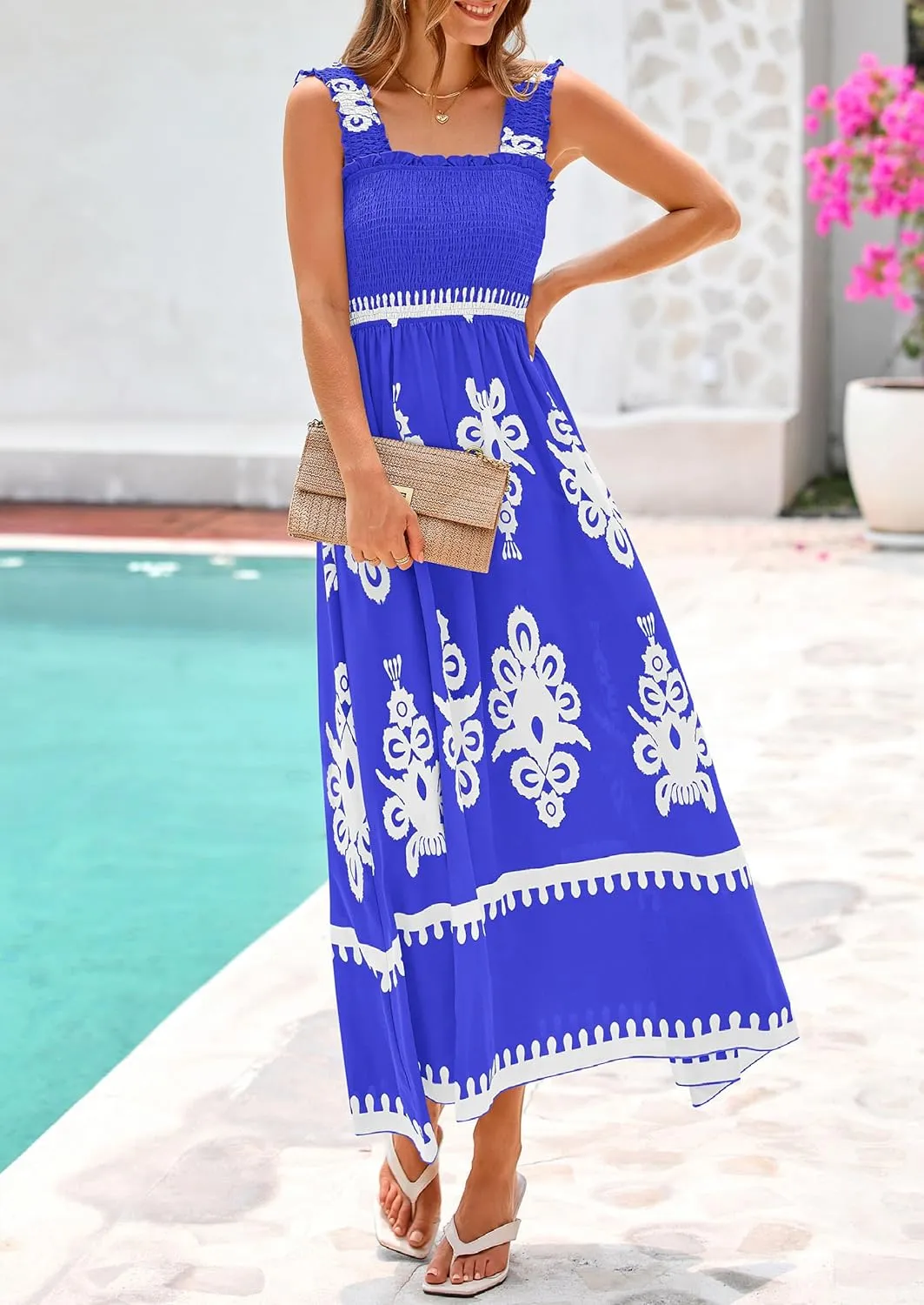 PRETTYGARDEN Womens Summer Boho Maxi Dress 2025 Casual Sleeveless Square Neck Floral Aline Smocked Beach Dresses with Pockets