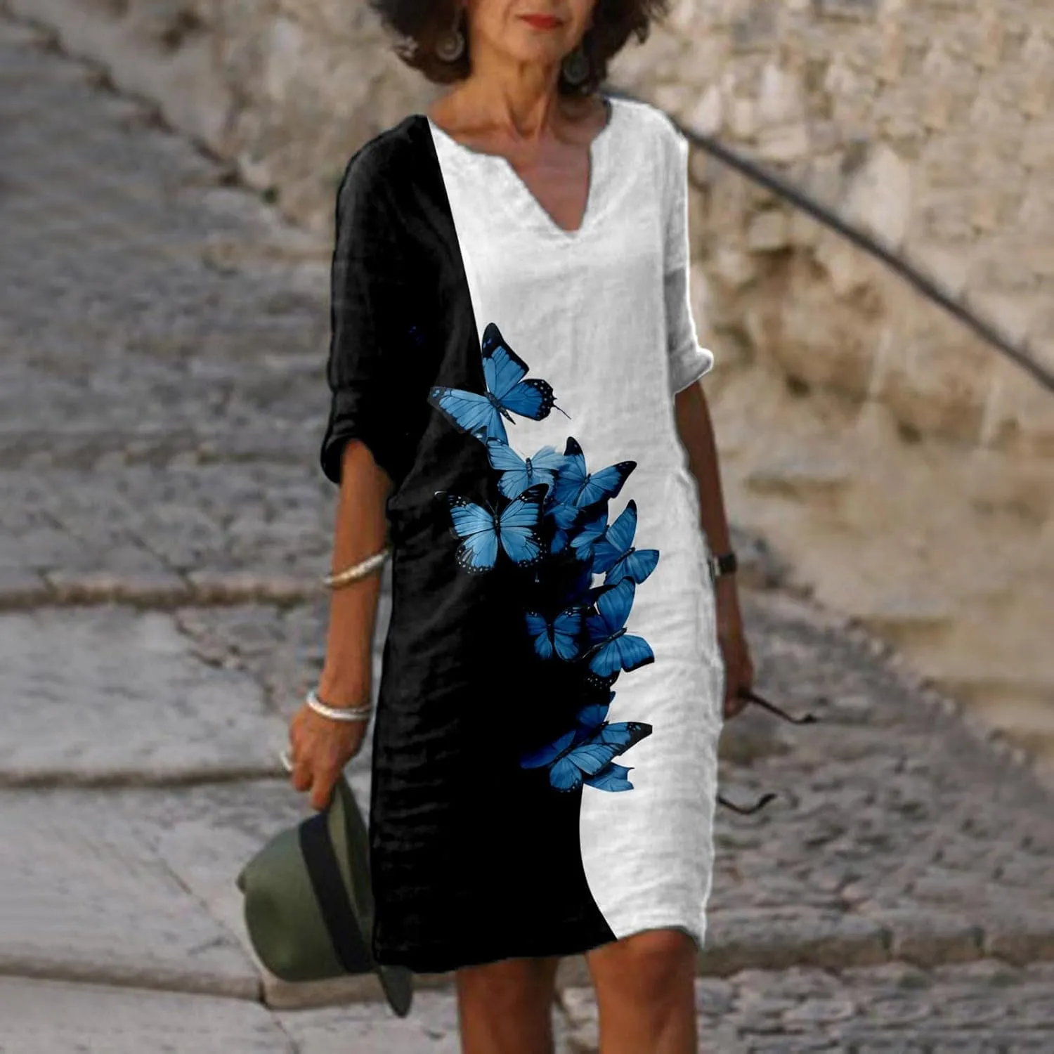 PTOLOCIF Linen Dresses for Women 2025 Trendy Floral Print Boho Midi Dress Half Sleeve V Neck T Shirt Dresses Vacation Outfits