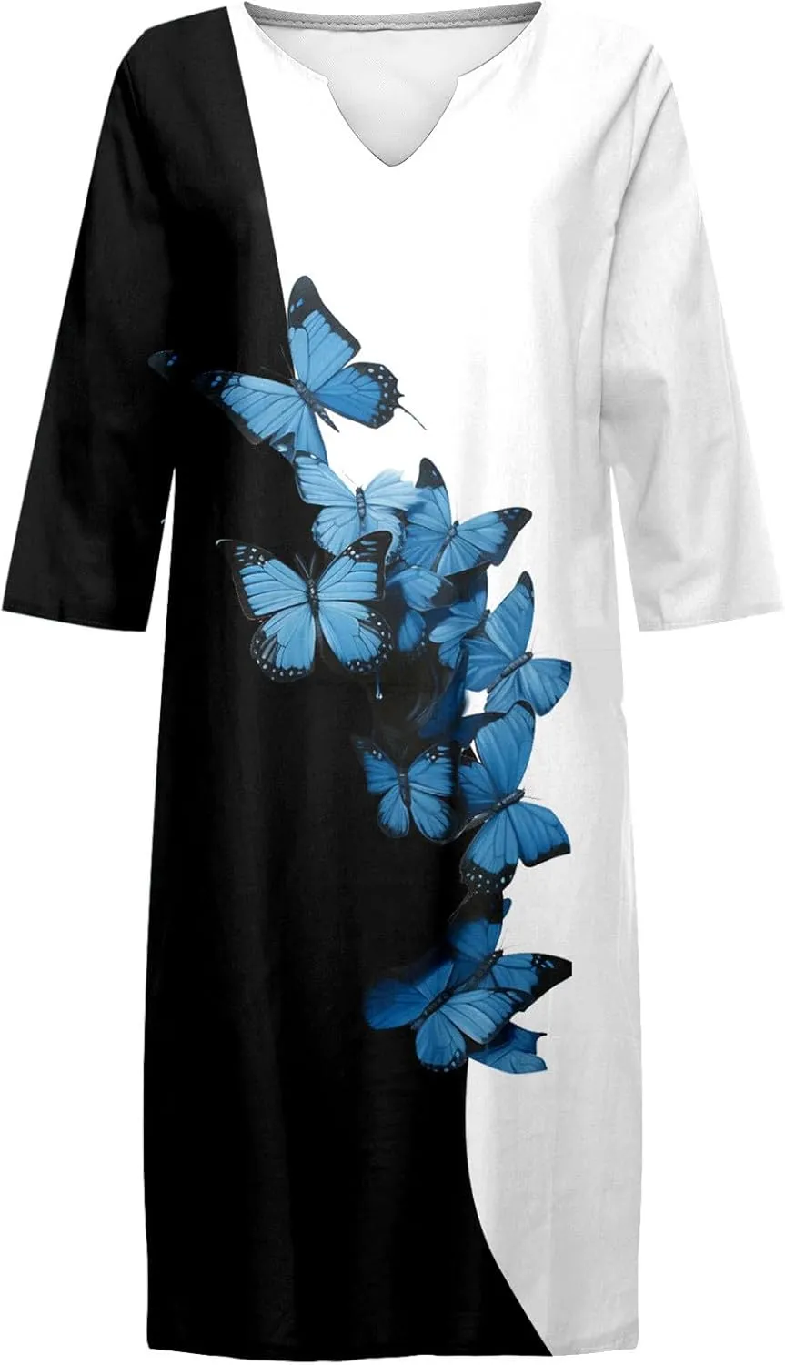 PTOLOCIF Linen Dresses for Women 2025 Trendy Floral Print Boho Midi Dress Half Sleeve V Neck T Shirt Dresses Vacation Outfits