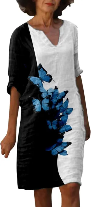 PTOLOCIF Linen Dresses for Women 2025 Trendy Floral Print Boho Midi Dress Half Sleeve V Neck T Shirt Dresses Vacation Outfits