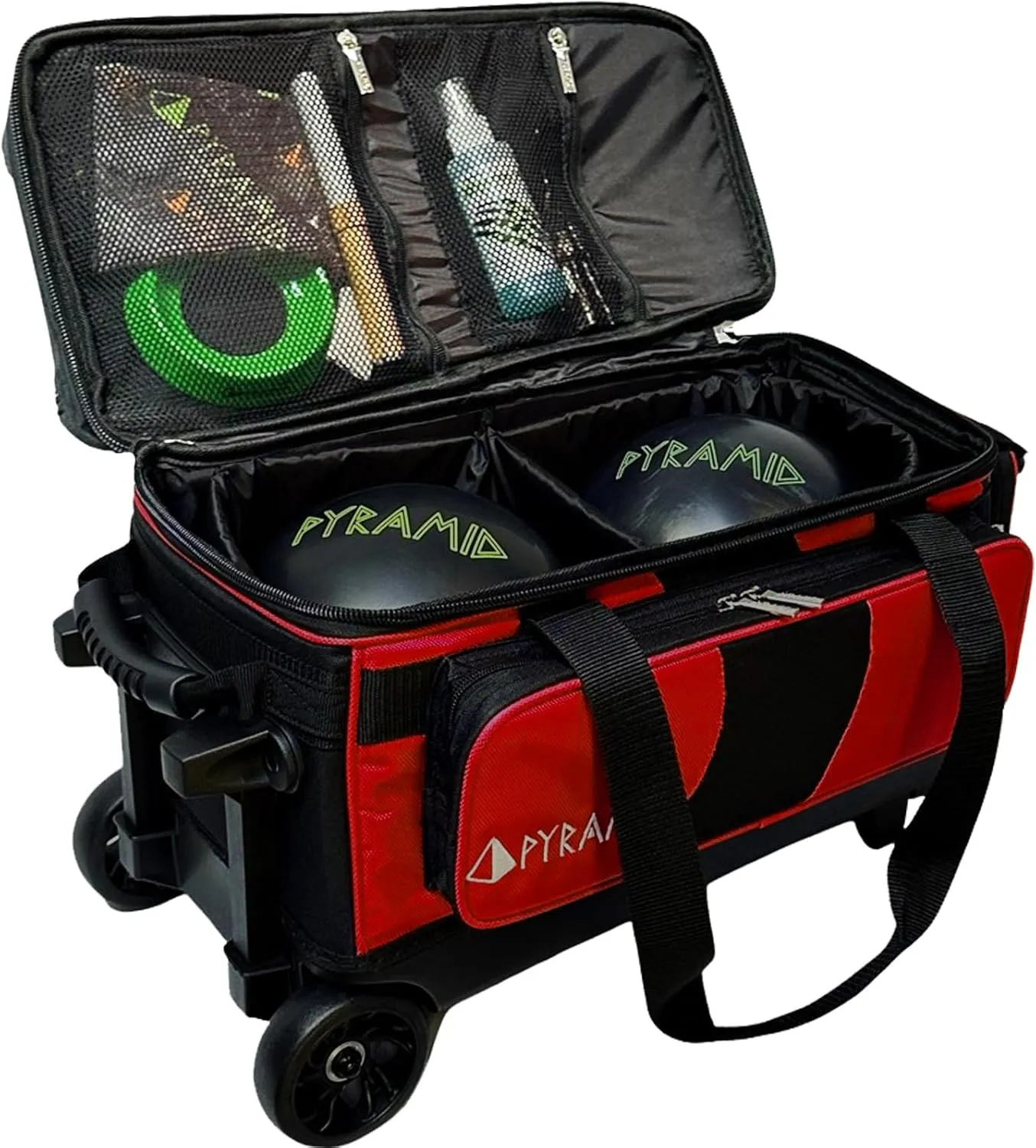 Pyramid Deluxe Double Roller 2 Ball Bowling Bag with Large Separate Shoe Compartment (Up To 2 Pairs Of Shoes) and Accessory Pockets, Sturdy Square Handle - Extends to 40" - Pro Options Available