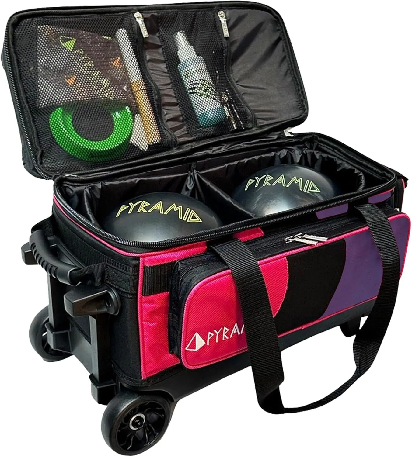 Pyramid Deluxe Double Roller 2 Ball Bowling Bag with Large Separate Shoe Compartment (Up To 2 Pairs Of Shoes) and Accessory Pockets, Sturdy Square Handle - Extends to 40" - Pro Options Available