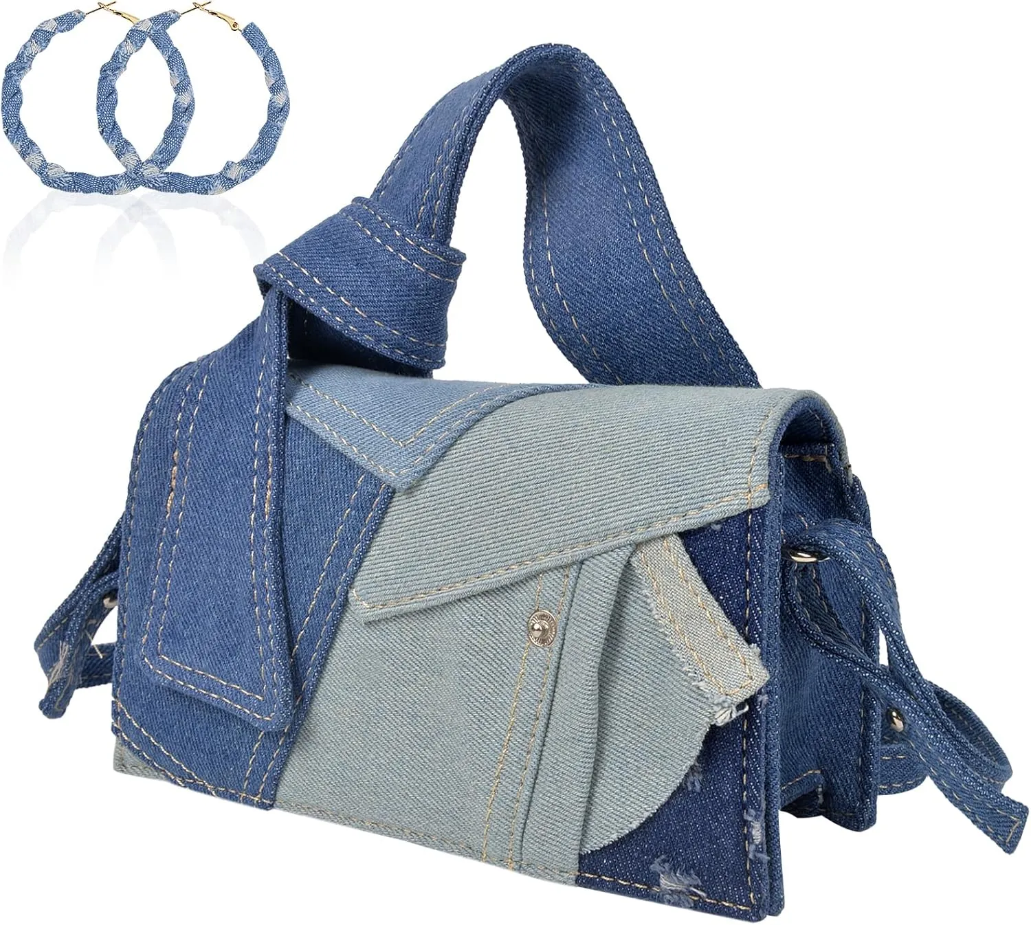 QZUnique Denim Purses set for Women Mini Jeans Handbag & Circle Earrings for Teen Girls Top Handle Crossbody Shoulder Bag (Dark Blue)