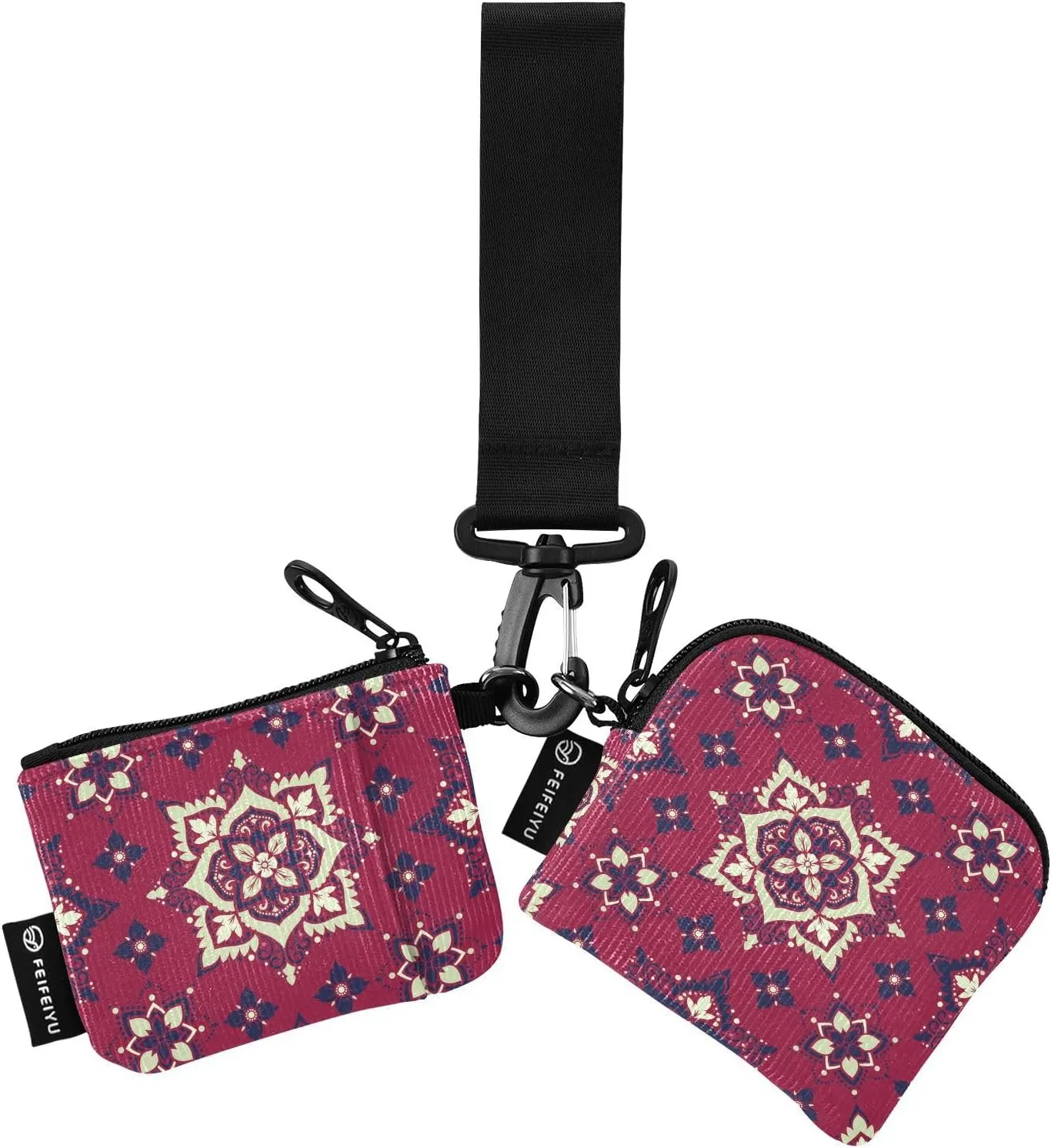 Red Boho Flower Wristlet Keychain Wallets for Women Portable Small Coin Purse