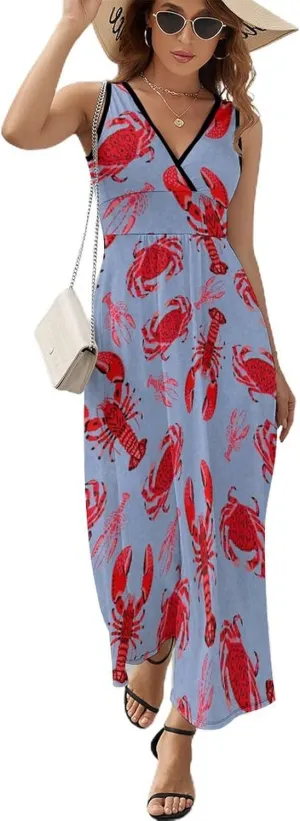 Red Lobster Crab Pattern Fashion Sleeveless Maxi Dresses Summer Dress Long Beach Sundresses with V Neck for Women