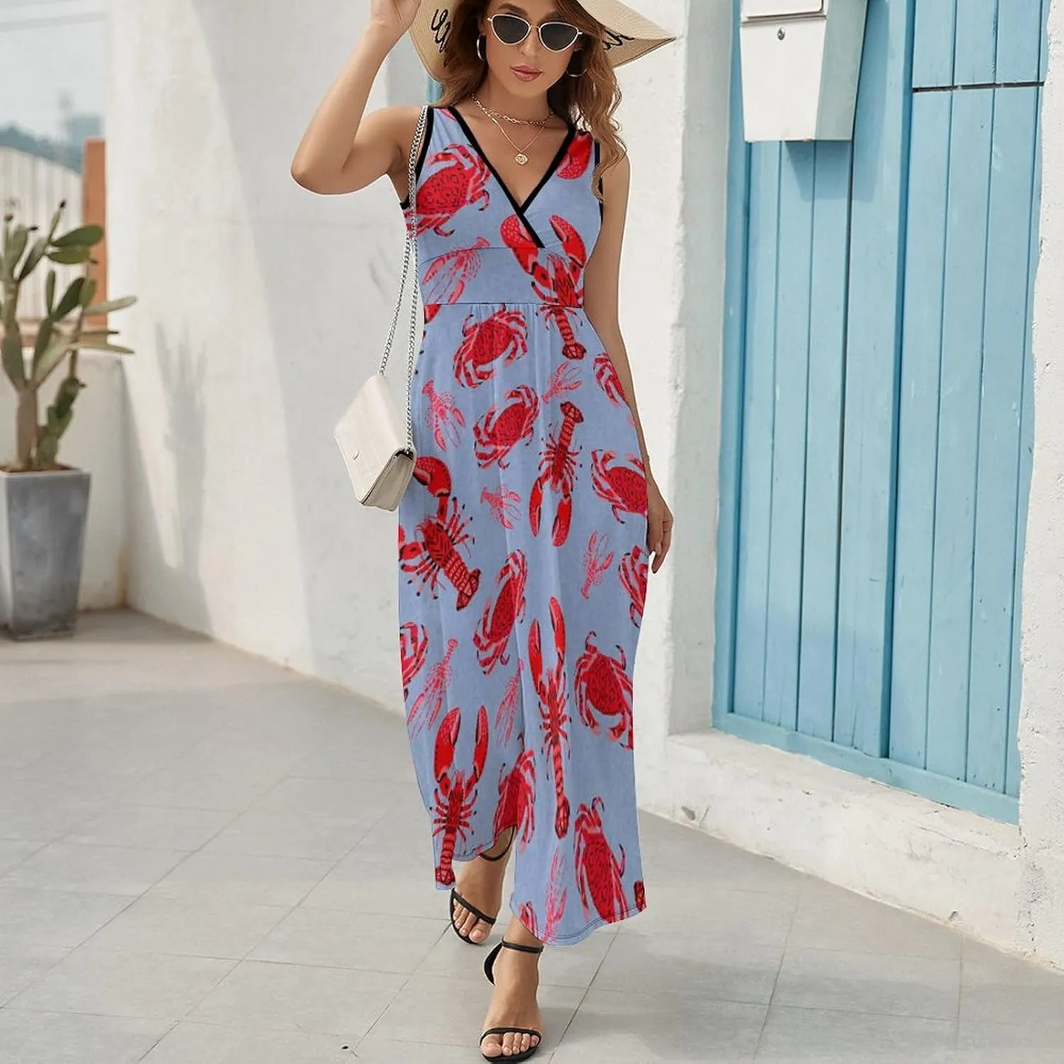 Red Lobster Crab Pattern Fashion Sleeveless Maxi Dresses Summer Dress Long Beach Sundresses with V Neck for Women