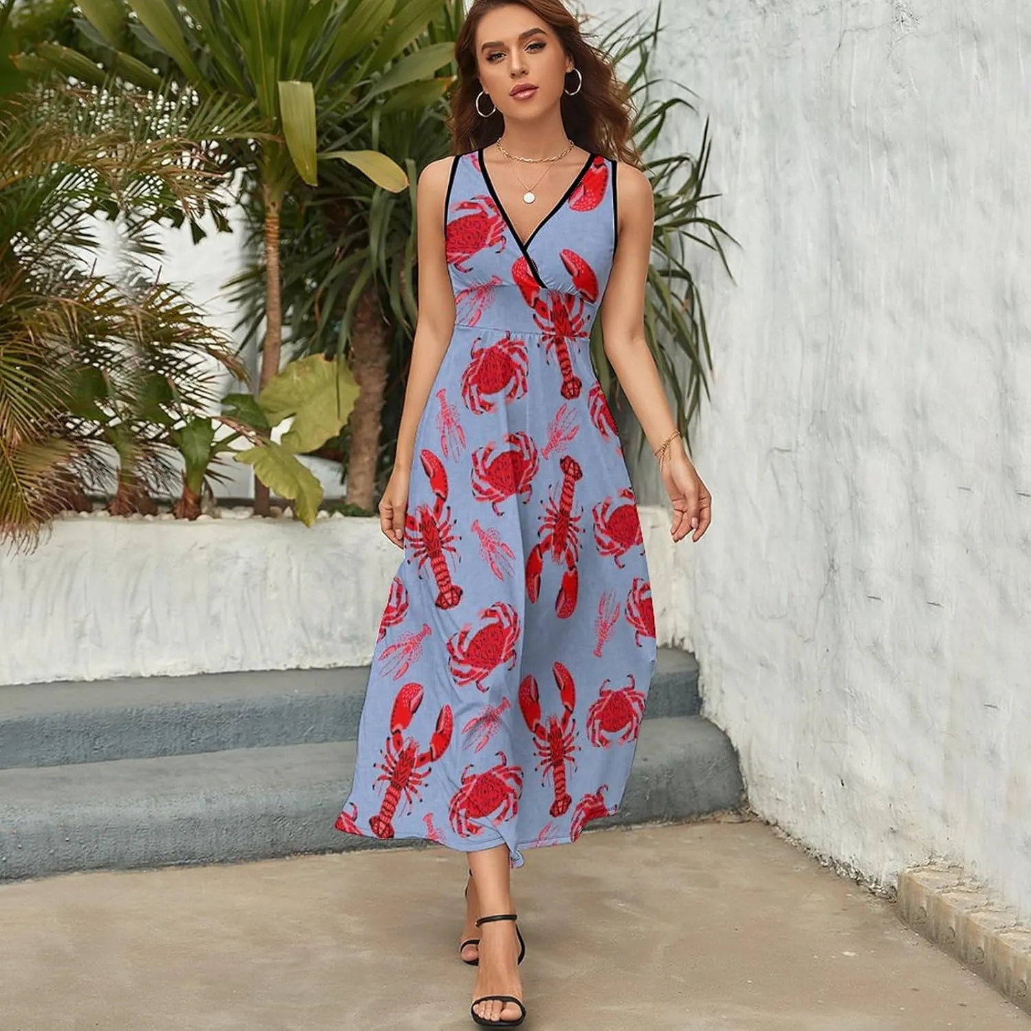 Red Lobster Crab Pattern Fashion Sleeveless Maxi Dresses Summer Dress Long Beach Sundresses with V Neck for Women