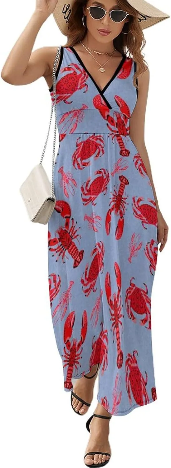 Red Lobster Crab Pattern Fashion Sleeveless Maxi Dresses Summer Dress Long Beach Sundresses with V Neck for Women