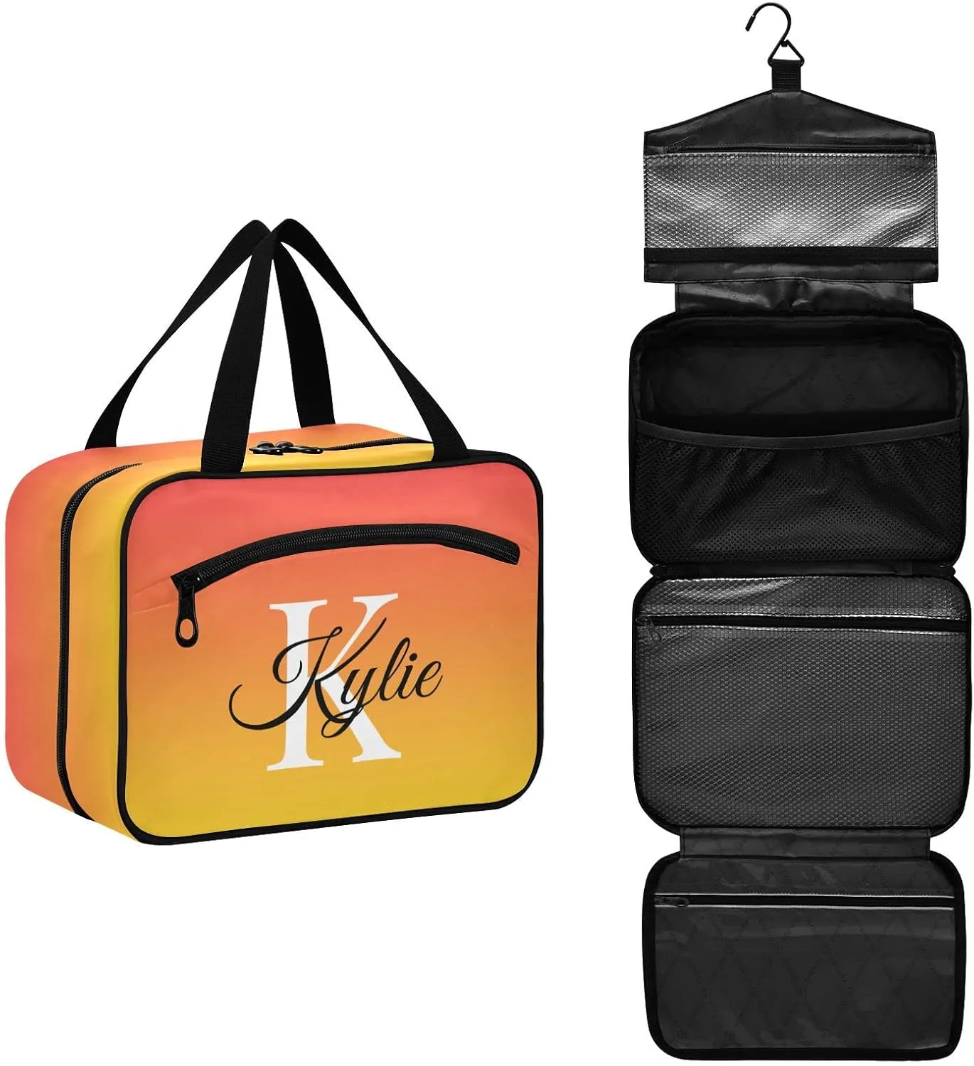 Red Yellow Gradient Personalized Toiletry Bag for Women Men Travel Makeup Bag Organizer with Hanging Hook Cosmetic Bags Hanging Toiletry Bag Travel Bag for Toiletries Brushes Gifts Shampoo Bottle