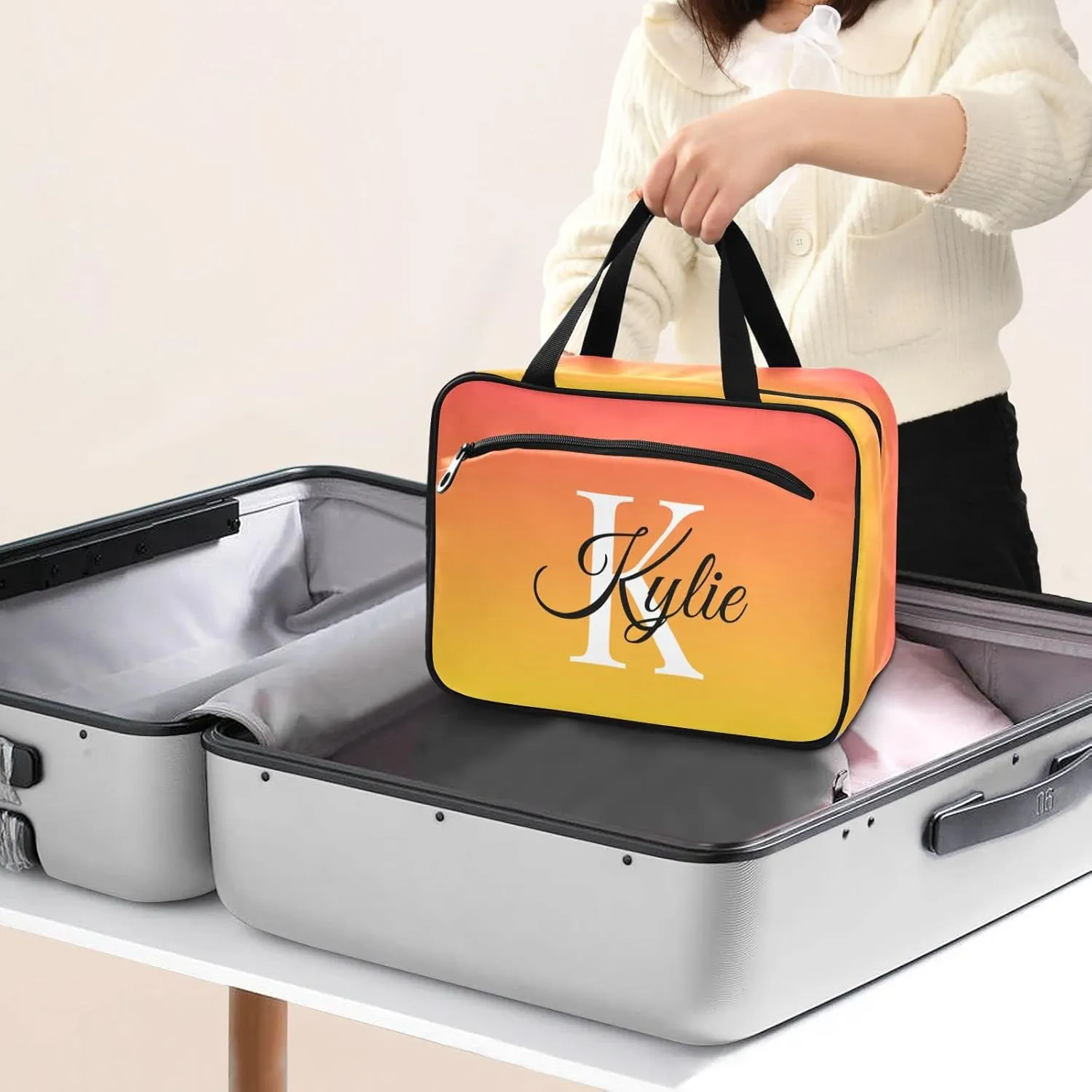 Red Yellow Gradient Personalized Toiletry Bag for Women Men Travel Makeup Bag Organizer with Hanging Hook Cosmetic Bags Hanging Toiletry Bag Travel Bag for Toiletries Brushes Gifts Shampoo Bottle