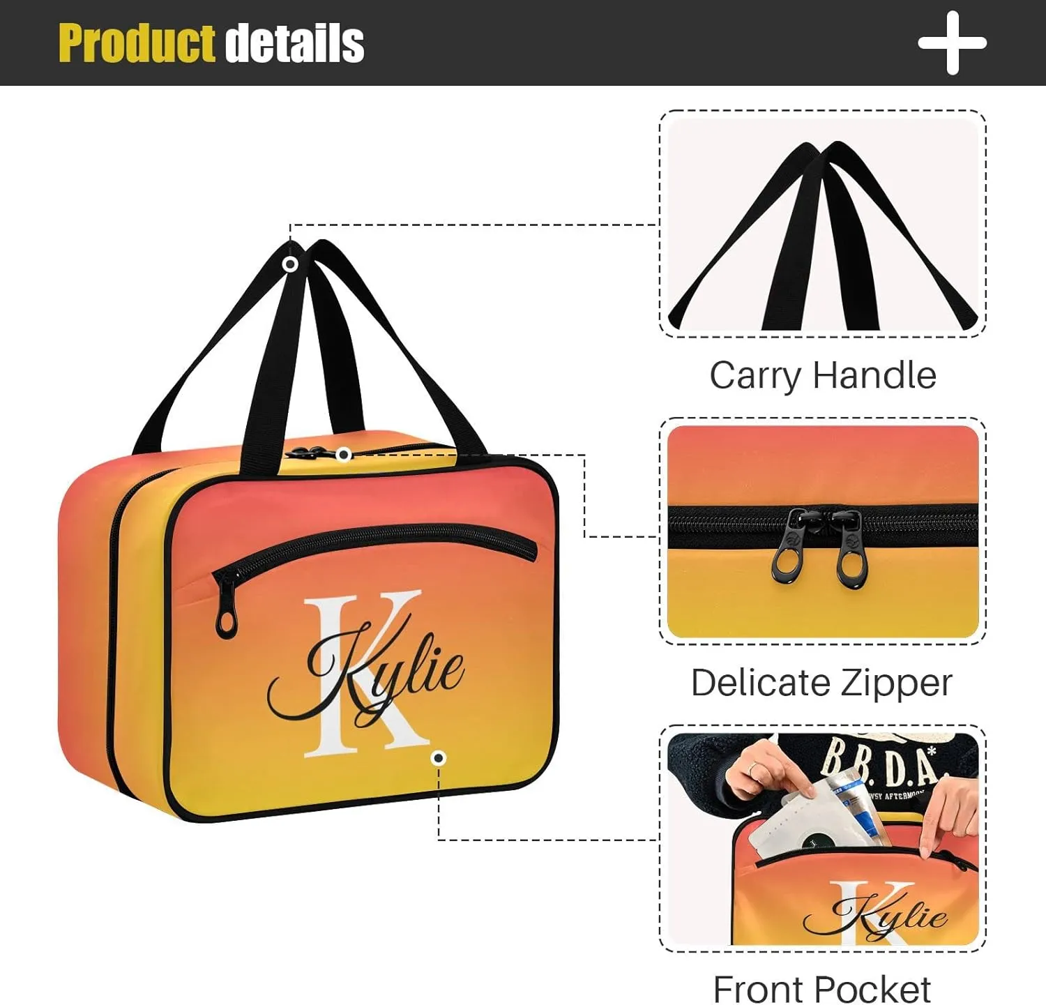 Red Yellow Gradient Personalized Toiletry Bag for Women Men Travel Makeup Bag Organizer with Hanging Hook Cosmetic Bags Hanging Toiletry Bag Travel Bag for Toiletries Brushes Gifts Shampoo Bottle