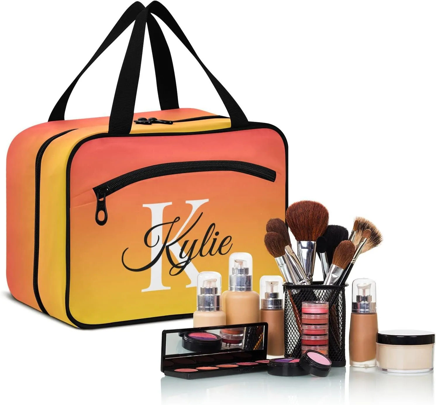 Red Yellow Gradient Personalized Toiletry Bag for Women Men Travel Makeup Bag Organizer with Hanging Hook Cosmetic Bags Hanging Toiletry Bag Travel Bag for Toiletries Brushes Gifts Shampoo Bottle
