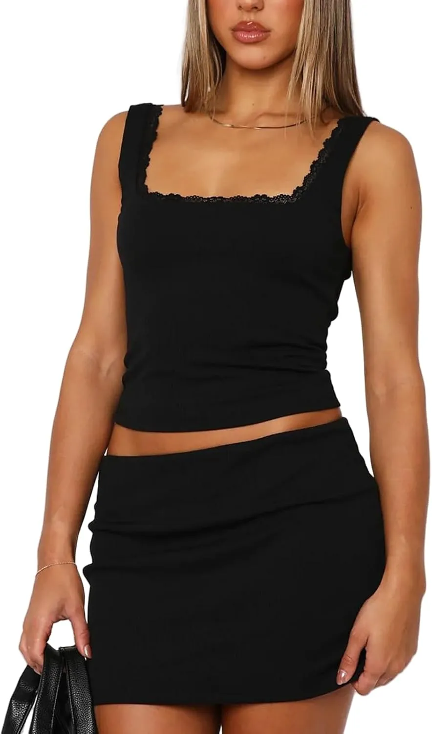 Ribbed Crop Tank Tops for Women Lace Summer Going Out Square Neck Y2k Backless Cute Sleeveless Tops 2025 Trendy Shirt