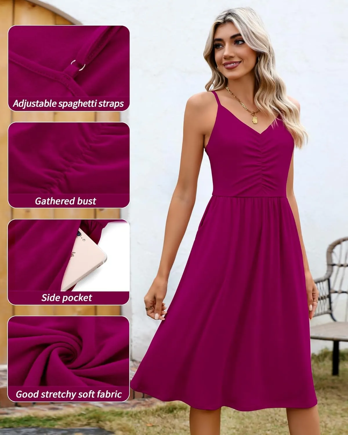 Riyiper 2 Pack Women Spaghetti Strap Dresses Summer Casual Sundresses Pleated Swing Camisole Beach Dresses with Pockets