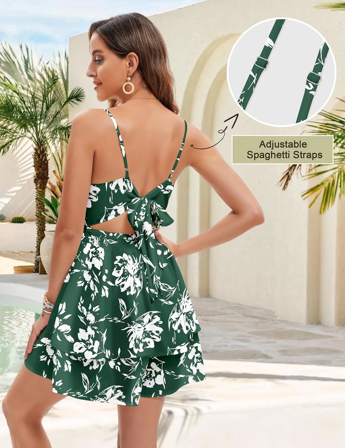 Rompers for Women Sexy Twist V Neck Spaghetti Straps Back Tie Casual Jumpsuits Dressy Floral Shorts Romper Dress