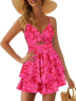 Rompers for Women Sexy Twist V Neck Spaghetti Straps Back Tie Casual Jumpsuits Dressy Floral Shorts Romper Dress