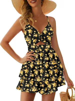 Rompers for Women Sexy Twist V Neck Spaghetti Straps Back Tie Casual Jumpsuits Dressy Floral Shorts Romper Dress