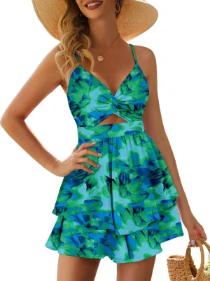 Rompers for Women Sexy Twist V Neck Spaghetti Straps Back Tie Casual Jumpsuits Dressy Floral Shorts Romper Dress