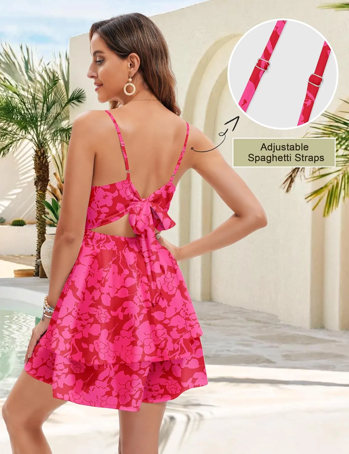 Rompers for Women Sexy Twist V Neck Spaghetti Straps Back Tie Casual Jumpsuits Dressy Floral Shorts Romper Dress