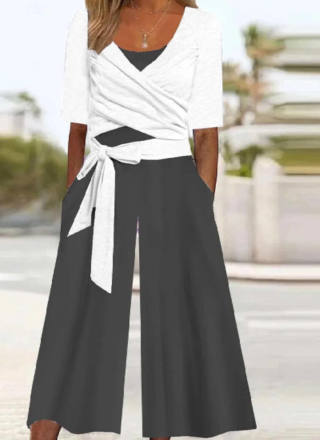 Rompers for Women Summer 2025 Casual Dressy One Piece Short Sleeve Wide Leg Pants Jumpsuit 2 In 1 Beach Vacation Outfits