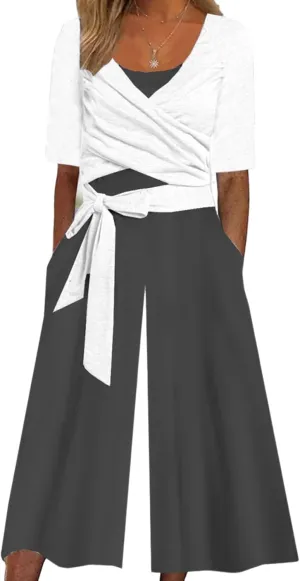 Rompers for Women Summer 2025 Casual Dressy One Piece Short Sleeve Wide Leg Pants Jumpsuit 2 In 1 Beach Vacation Outfits