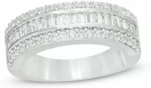 Round & Baguette Cut Simulated White Diamond Multi-Row Half Eternity Wedding Band Ring In 925 Sterling Silver 14K White Gold Finish for Women's