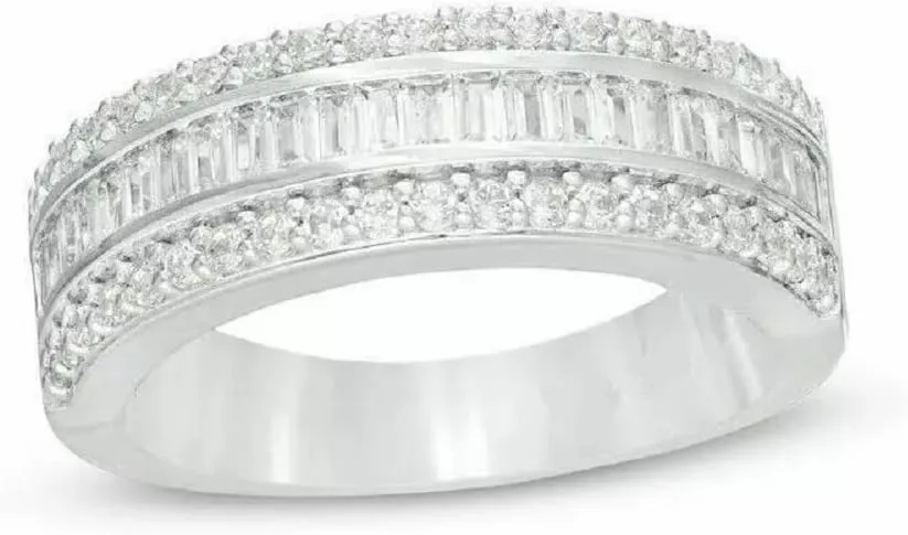 Round & Baguette Cut Simulated White Diamond Multi-Row Half Eternity Wedding Band Ring In 925 Sterling Silver 14K White Gold Finish for Women's