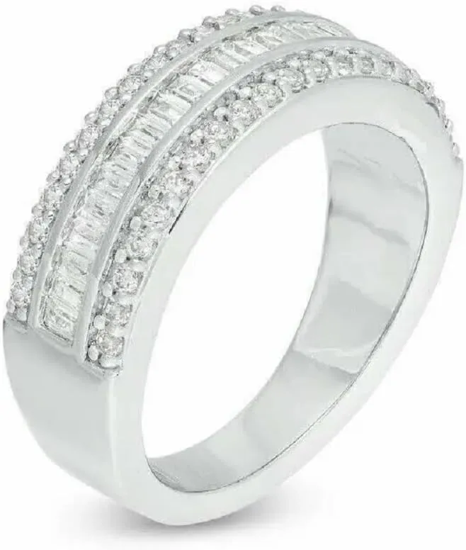 Round & Baguette Cut Simulated White Diamond Multi-Row Half Eternity Wedding Band Ring In 925 Sterling Silver 14K White Gold Finish for Women's