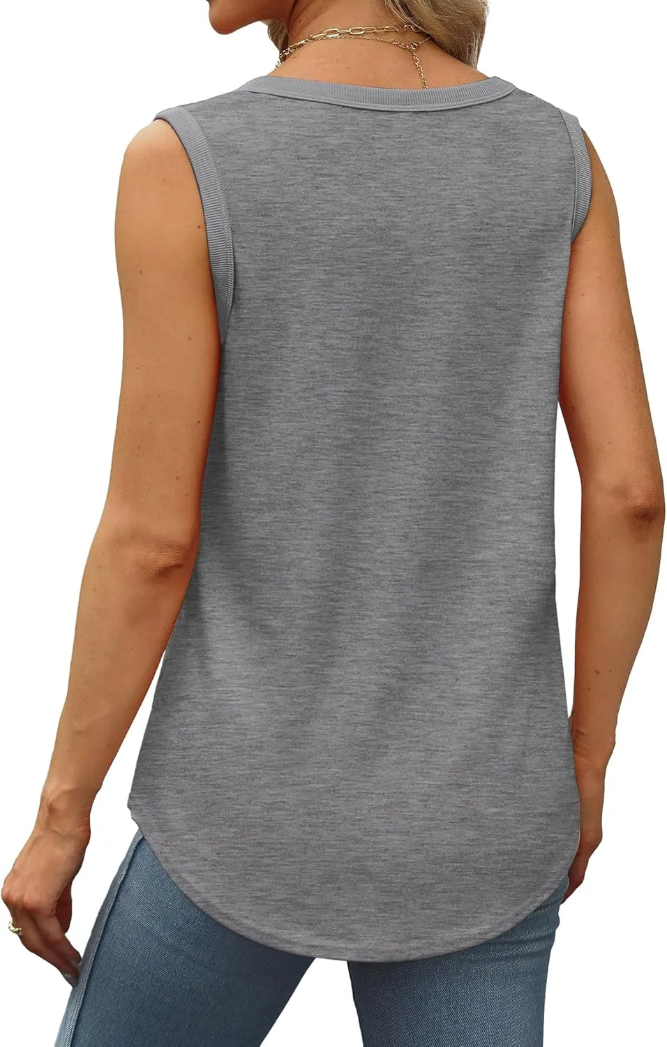 Saloogoe Womens Tank Tops Summer Loose Sleeveless Tops Ribbed Trim Scoop Neck Curved Hem 2024