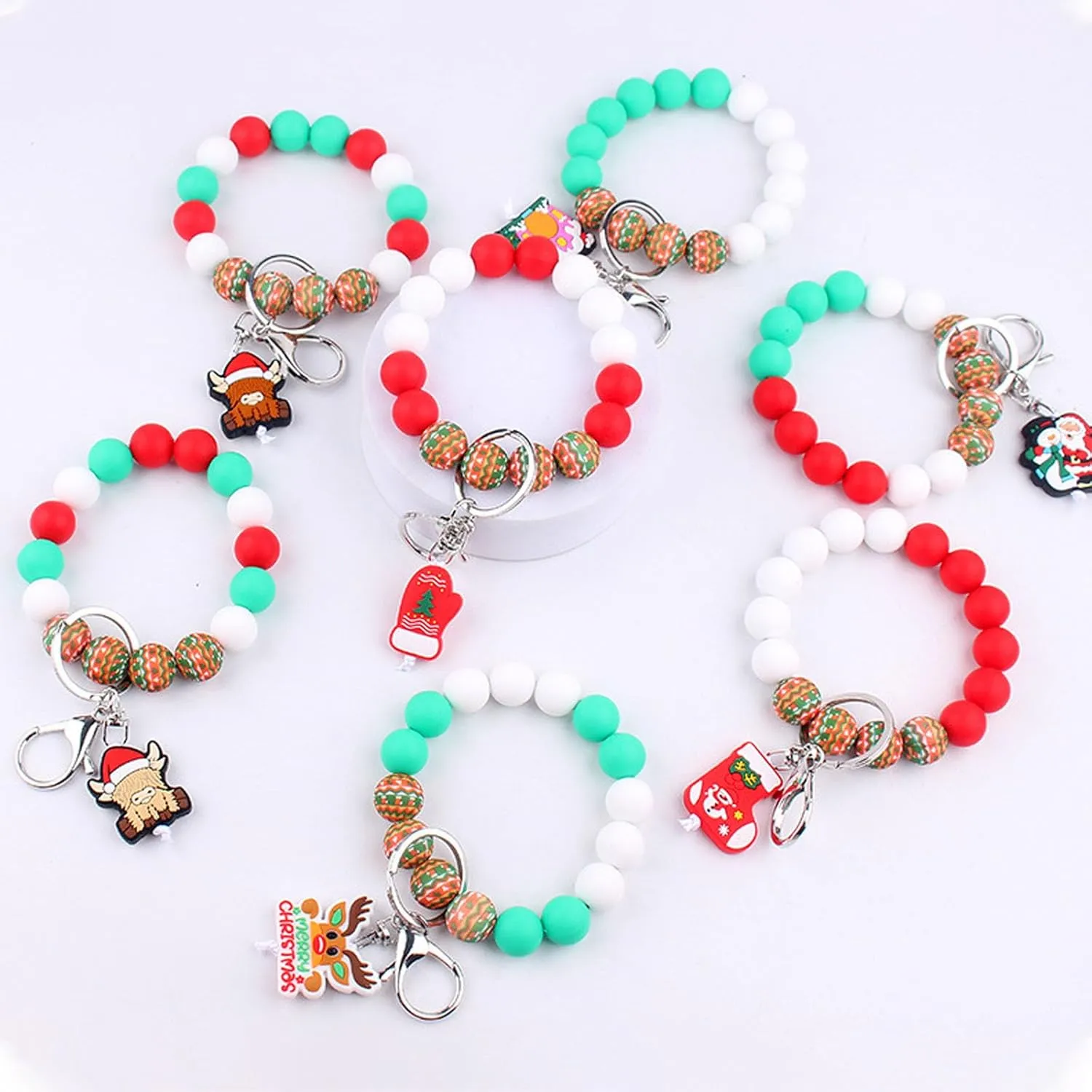 Santa Claus Boots Gloves Yak Silicone Beads Bracelet Keychain Wristlet Cute Key Holder for Women Christmas Charms